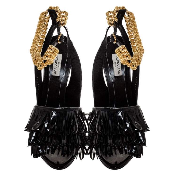 Pre Owned Balenciaga Black Fringe Leather Chain Ankle Strap Sandals Size 41