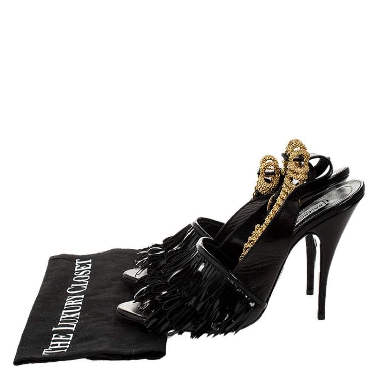 Pre Owned Balenciaga Black Fringe Leather Chain Ankle Strap Sandals Size 41