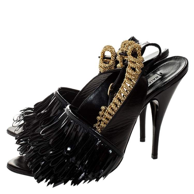 Pre Owned Balenciaga Black Fringe Leather Chain Ankle Strap Sandals Size 41
