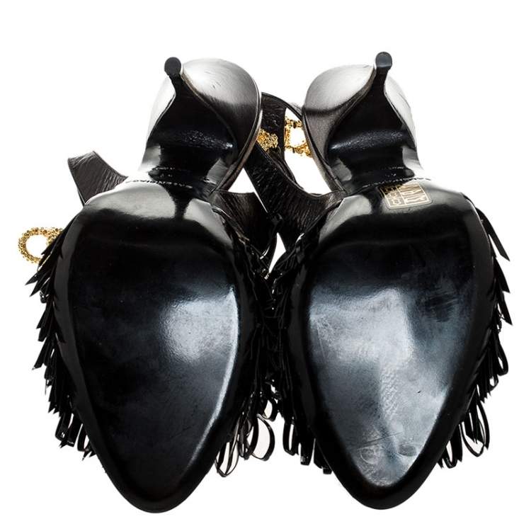 Pre Owned Balenciaga Black Fringe Leather Chain Ankle Strap Sandals Size 41