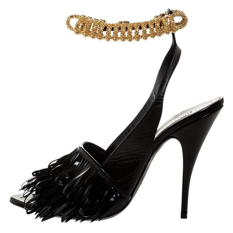 Pre Owned Balenciaga Black Fringe Leather Chain Ankle Strap Sandals Size 41