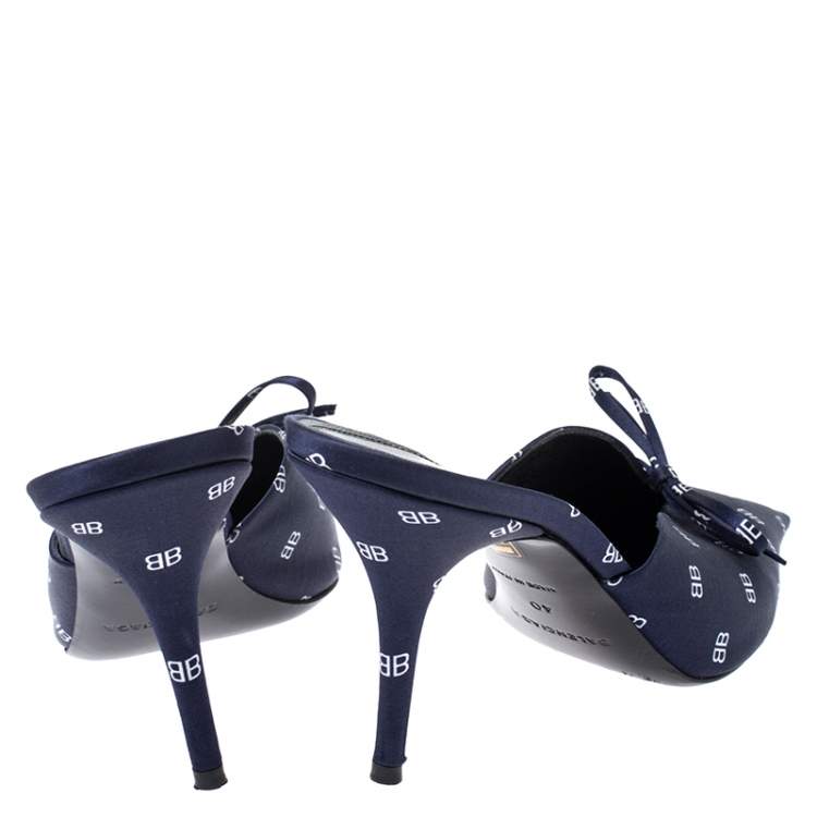 Pre Owned Balenciaga Blue BB Satin Knife Pointed Toe Mules Size 40