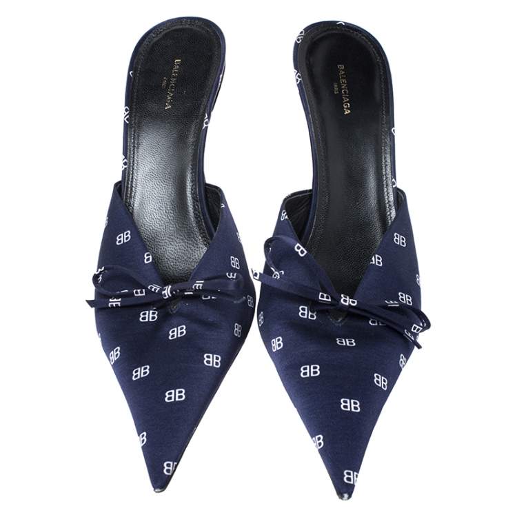 Pre Owned Balenciaga Blue BB Satin Knife Pointed Toe Mules Size 40