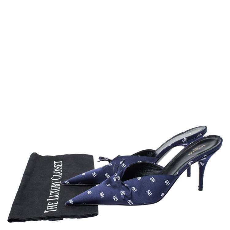 Pre Owned Balenciaga Blue BB Satin Knife Pointed Toe Mules Size 40