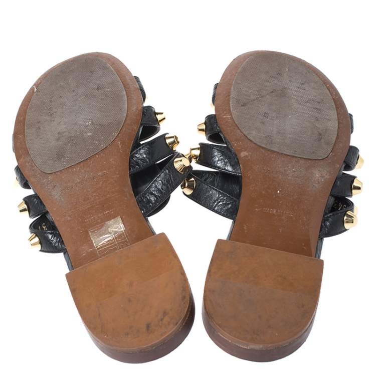 Pre Owned Balenciaga Black Studded Leather Arena Strappy Flat Slides Size 37