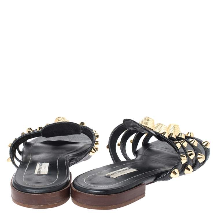 Pre Owned Balenciaga Black Studded Leather Arena Strappy Flat Slides Size 37