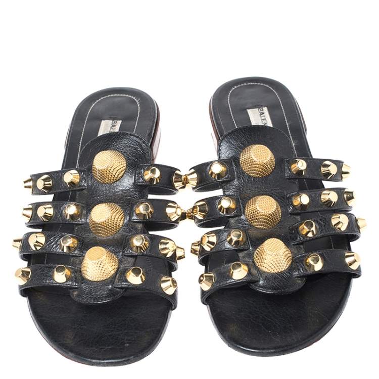 Pre Owned Balenciaga Black Studded Leather Arena Strappy Flat Slides Size 37