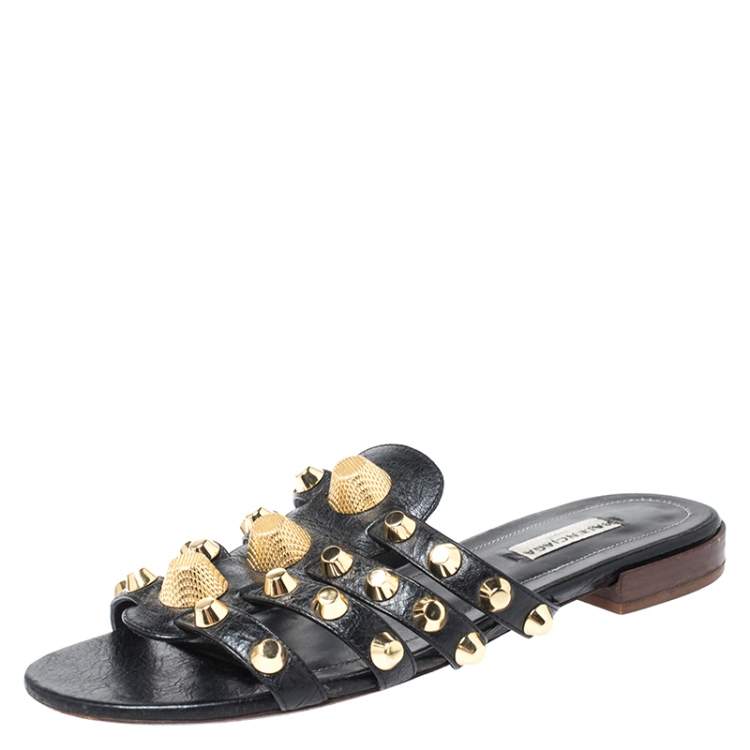 Pre Owned Balenciaga Black Studded Leather Arena Strappy Flat Slides Size 37