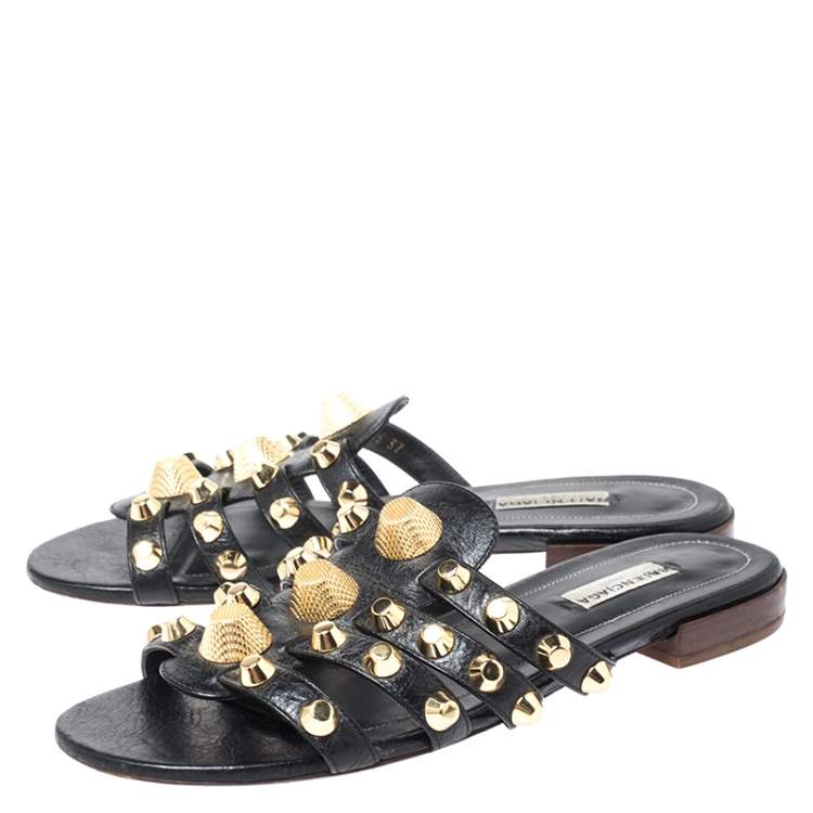 Pre Owned Balenciaga Black Studded Leather Arena Strappy Flat Slides Size 37