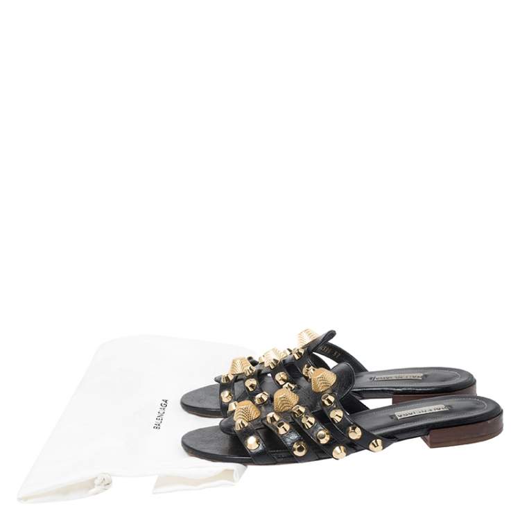 Pre Owned Balenciaga Black Studded Leather Arena Strappy Flat Slides Size 37