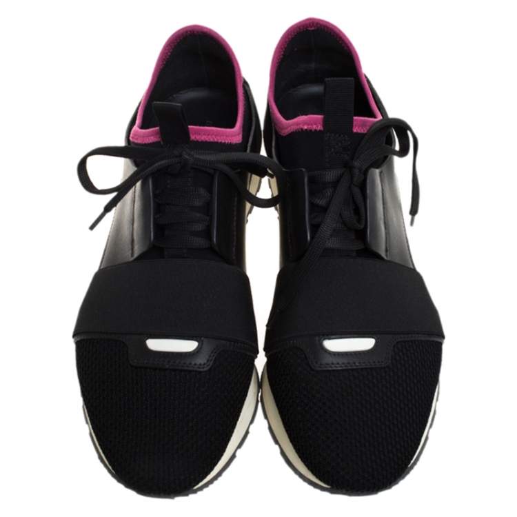 Pre Owned Balenciaga Black/Pink Leather, Suede And Nylon Race Runners Sneakers Size 40