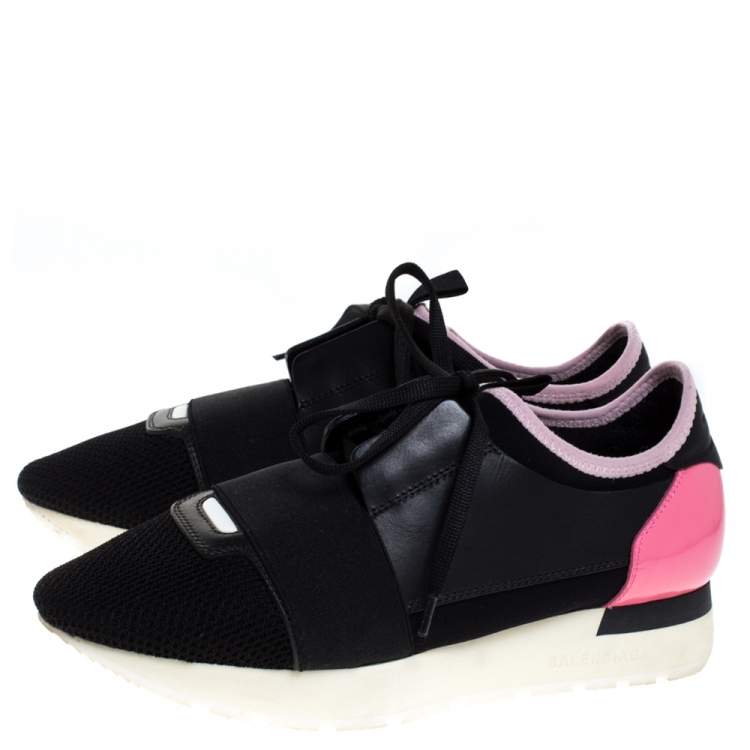 Pre Owned Balenciaga Black/Pink Leather And Mesh Race Runner Low Top Sneakers Size 37