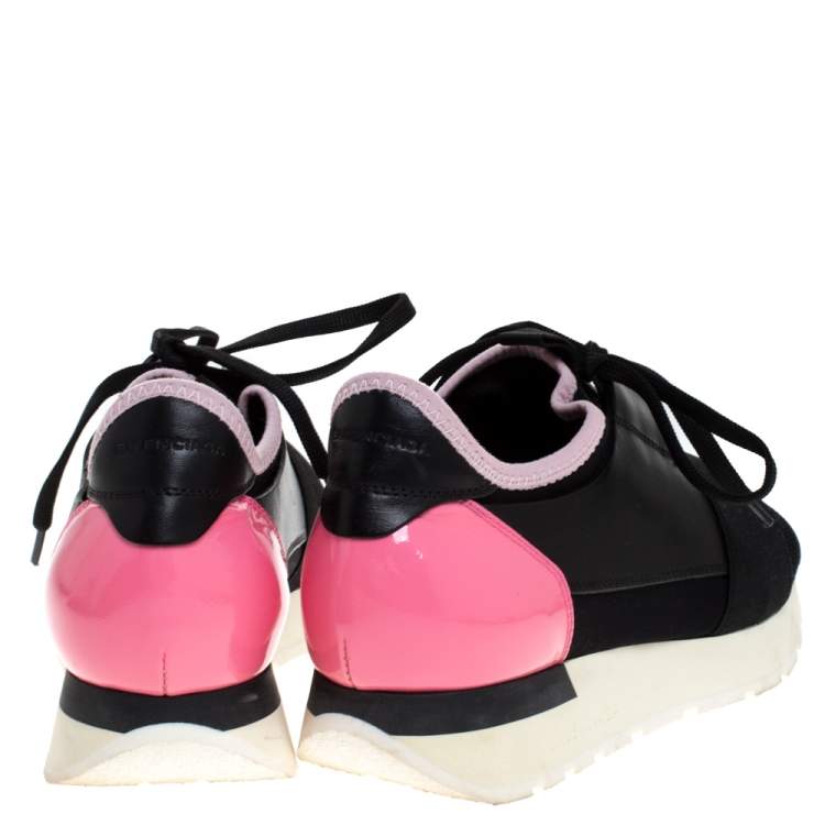 Pre Owned Balenciaga Black/Pink Leather And Mesh Race Runner Low Top Sneakers Size 37