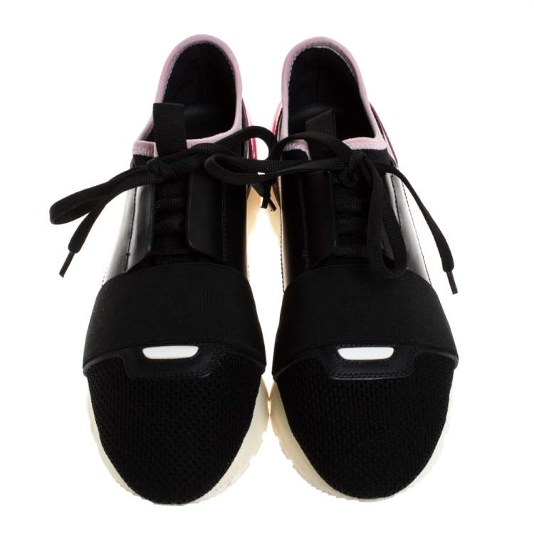 Pre Owned Balenciaga Black/Pink Leather And Mesh Race Runner Low Top Sneakers Size 37