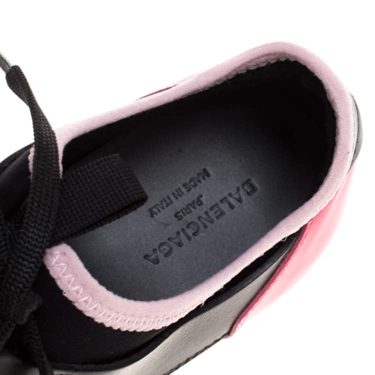 Pre Owned Balenciaga Black/Pink Leather And Mesh Race Runner Low Top Sneakers Size 37