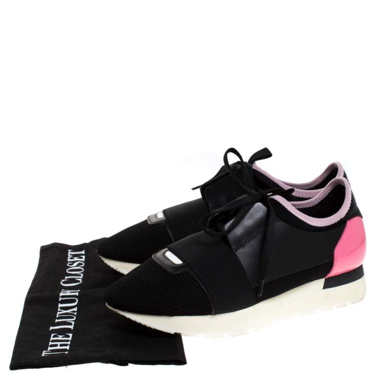Pre Owned Balenciaga Black/Pink Leather And Mesh Race Runner Low Top Sneakers Size 37