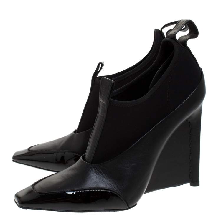 Pre Owned Balenciaga Black Leather and Neoprene Scuba Wedge Ankle Boots Size 40
