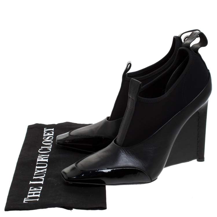Pre Owned Balenciaga Black Leather and Neoprene Scuba Wedge Ankle Boots Size 40