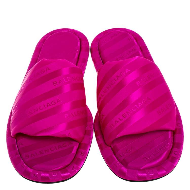Pre Owned Balenciaga Fuchsia Pink Jacquard Hotel Flat Slides Size 39