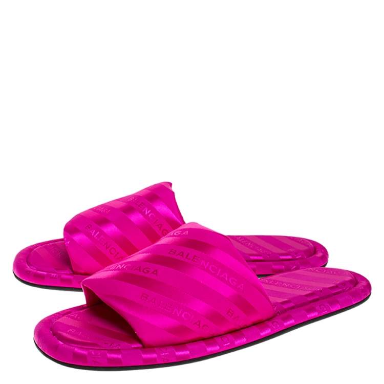 Pre Owned Balenciaga Fuchsia Pink Jacquard Hotel Flat Slides Size 39