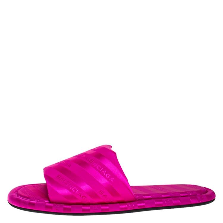 Pre Owned Balenciaga Fuchsia Pink Jacquard Hotel Flat Slides Size 40