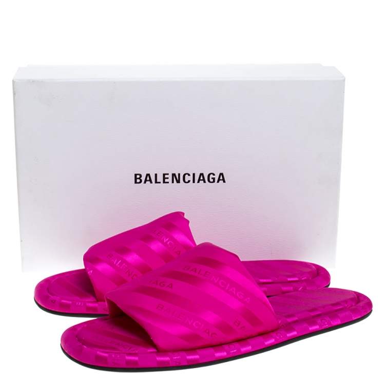 Pre Owned Balenciaga Fuchsia Pink Jacquard Hotel Flat Slides Size 40