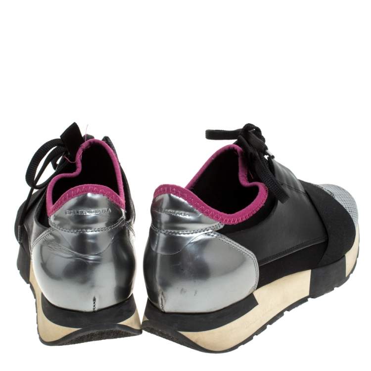 Pre Owned Balenciaga Black/Pink Leather, Suede And Nylon Race Runners Sneakers Size 38
