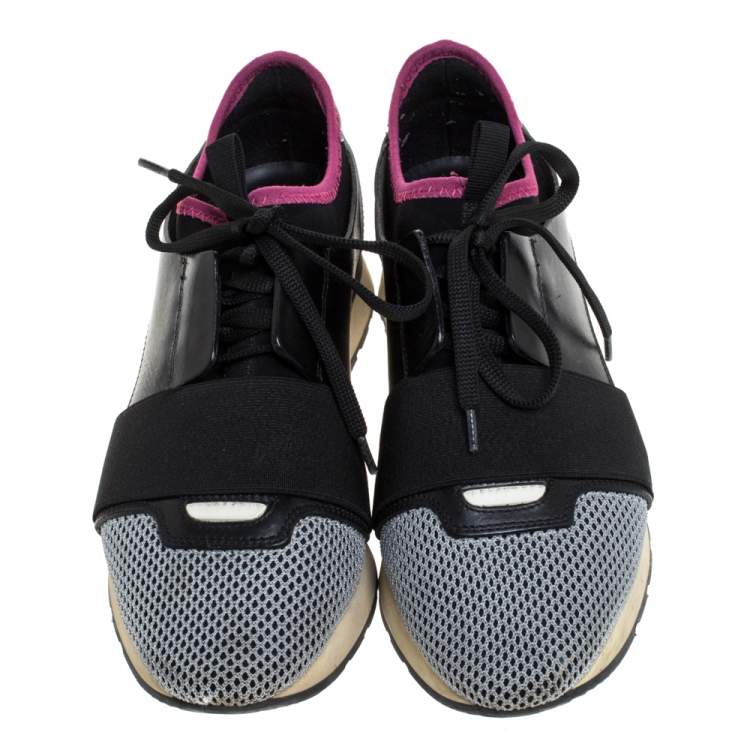 Pre Owned Balenciaga Black/Pink Leather, Suede And Nylon Race Runners Sneakers Size 38