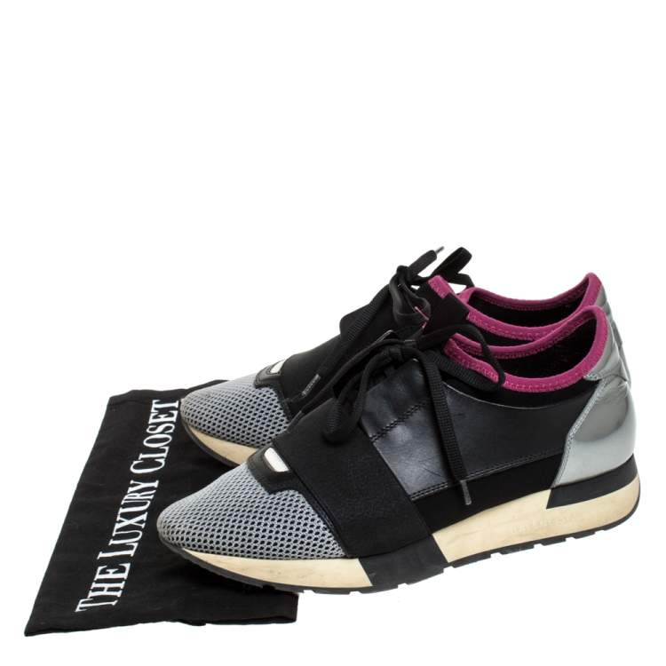 Pre Owned Balenciaga Black/Pink Leather, Suede And Nylon Race Runners Sneakers Size 38