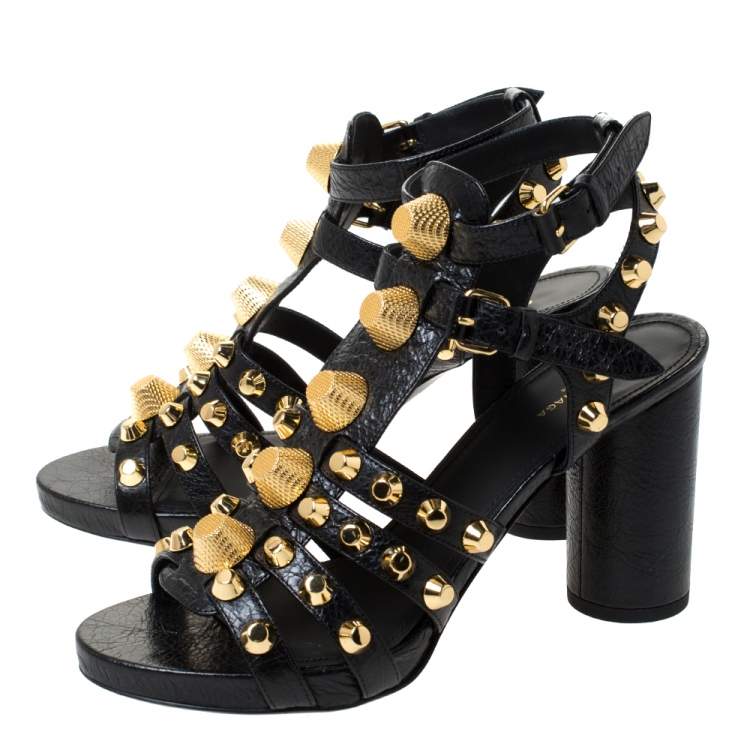 Pre Owned Balenciaga Black Leather Chunky-Heel Studded Gladiator Sandals Size 37