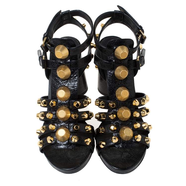 Pre Owned Balenciaga Black Leather Chunky-Heel Studded Gladiator Sandals Size 37