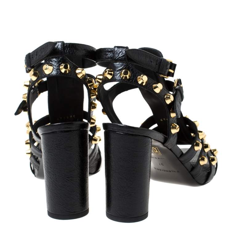 Pre Owned Balenciaga Black Leather Chunky-Heel Studded Gladiator Sandals Size 37