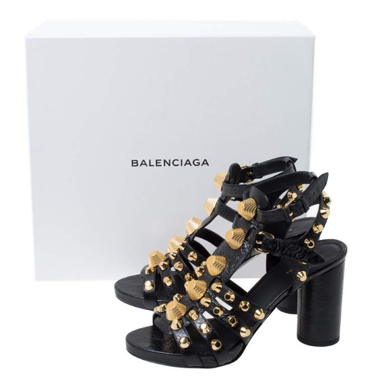 Pre Owned Balenciaga Black Leather Chunky-Heel Studded Gladiator Sandals Size 37