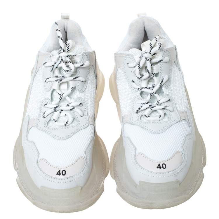 Pre Owned Balenciaga White Leather and Mesh Triple S Sneakers Size 40