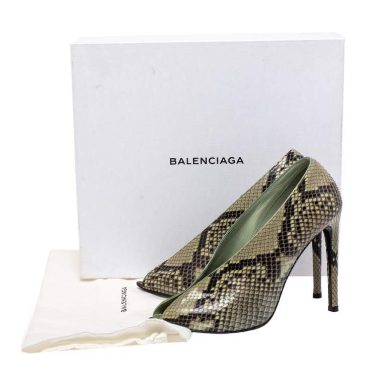 Pre Owned Balenciaga Lime Green/Black Python Split Vamp Open Toe Booties Size 37
