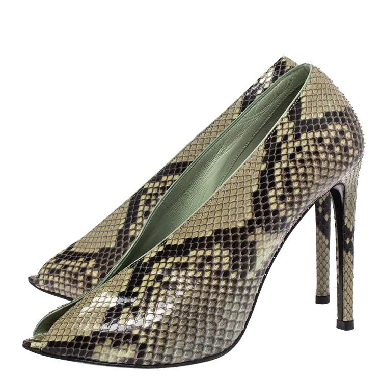 Pre Owned Balenciaga Lime Green/Black Python Split Vamp Open Toe Booties Size 37