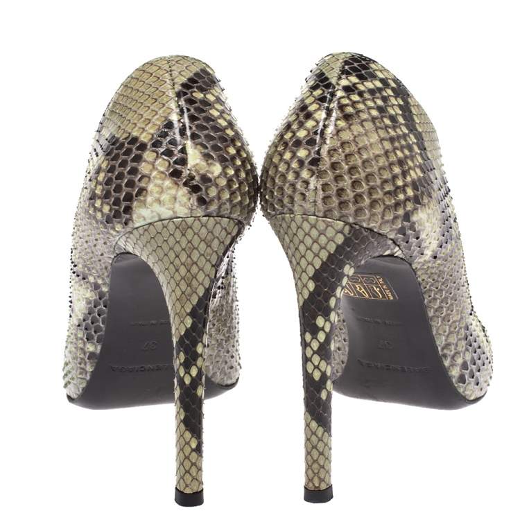 Pre Owned Balenciaga Lime Green/Black Python Split Vamp Open Toe Booties Size 37