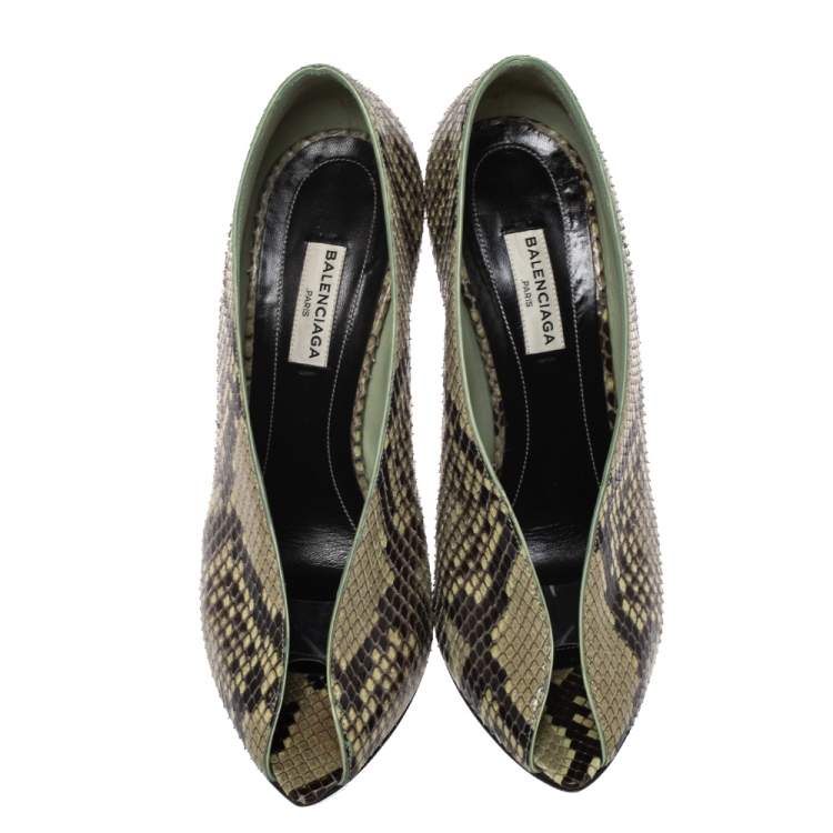 Pre Owned Balenciaga Lime Green/Black Python Split Vamp Open Toe Booties Size 37