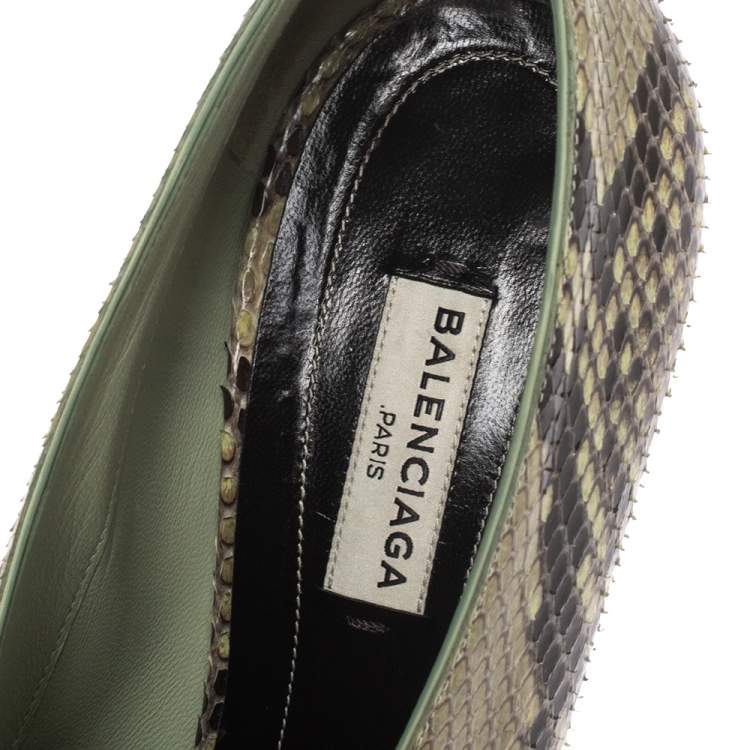 Pre Owned Balenciaga Lime Green/Black Python Split Vamp Open Toe Booties Size 37