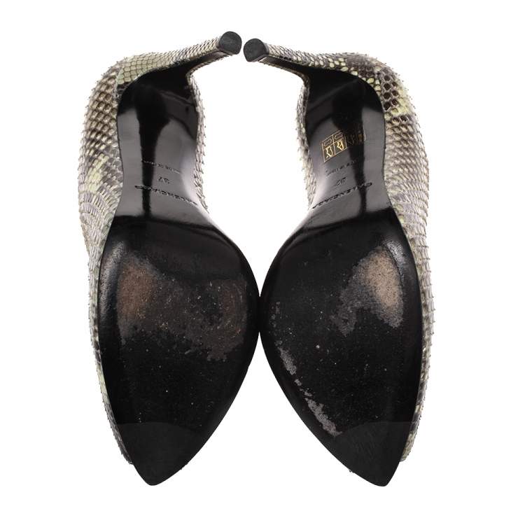Pre Owned Balenciaga Lime Green/Black Python Split Vamp Open Toe Booties Size 37