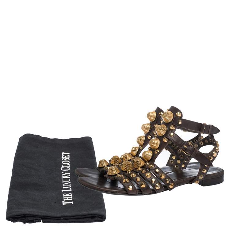 Pre Owned Balenciaga Brown Leather Studded Ankle Strap Flat Sandals Size 39.5