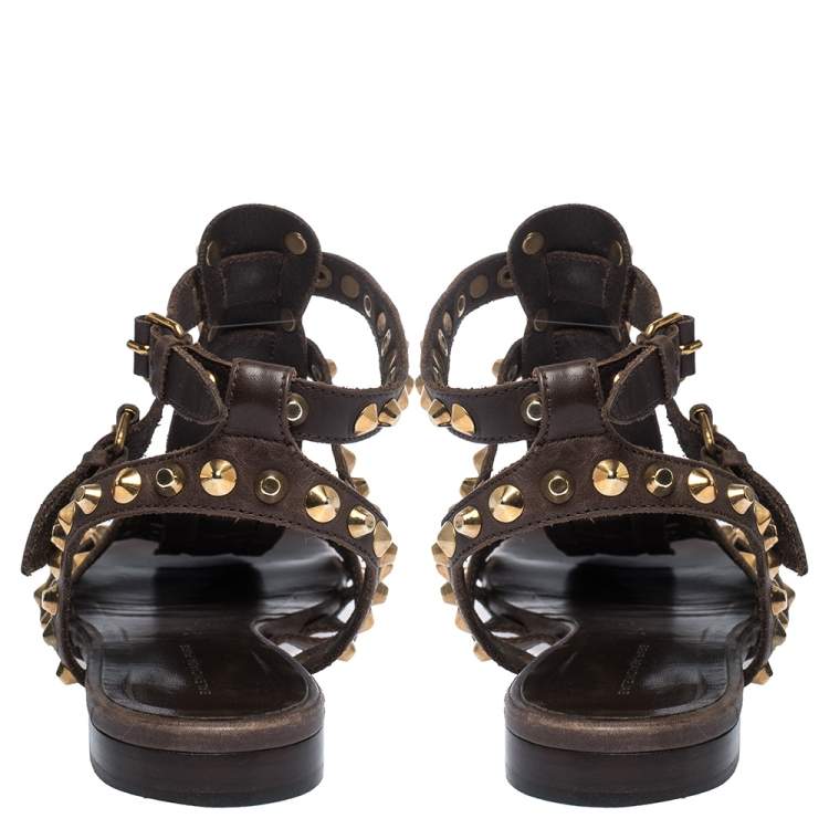Pre Owned Balenciaga Brown Leather Studded Ankle Strap Flat Sandals Size 39.5
