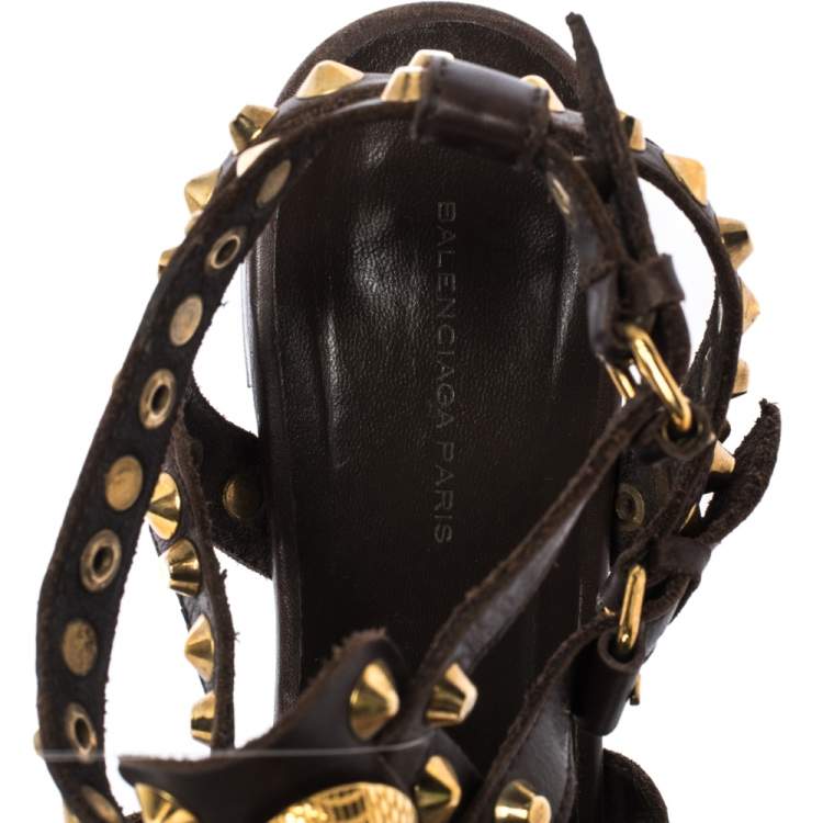 Pre Owned Balenciaga Brown Leather Studded Ankle Strap Flat Sandals Size 39.5