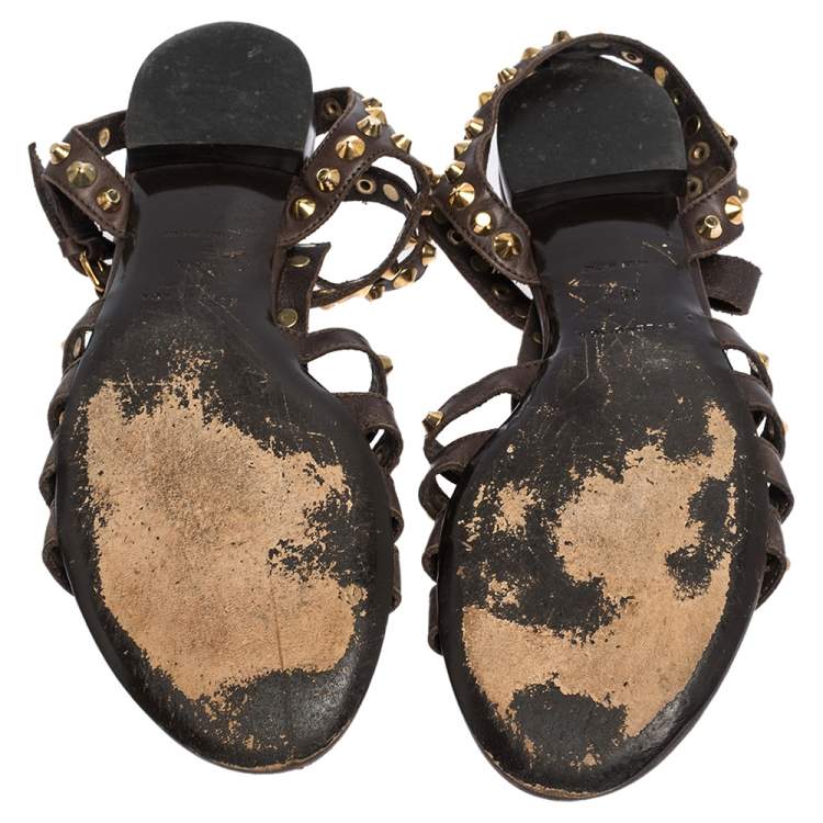 Pre Owned Balenciaga Brown Leather Studded Ankle Strap Flat Sandals Size 39.5