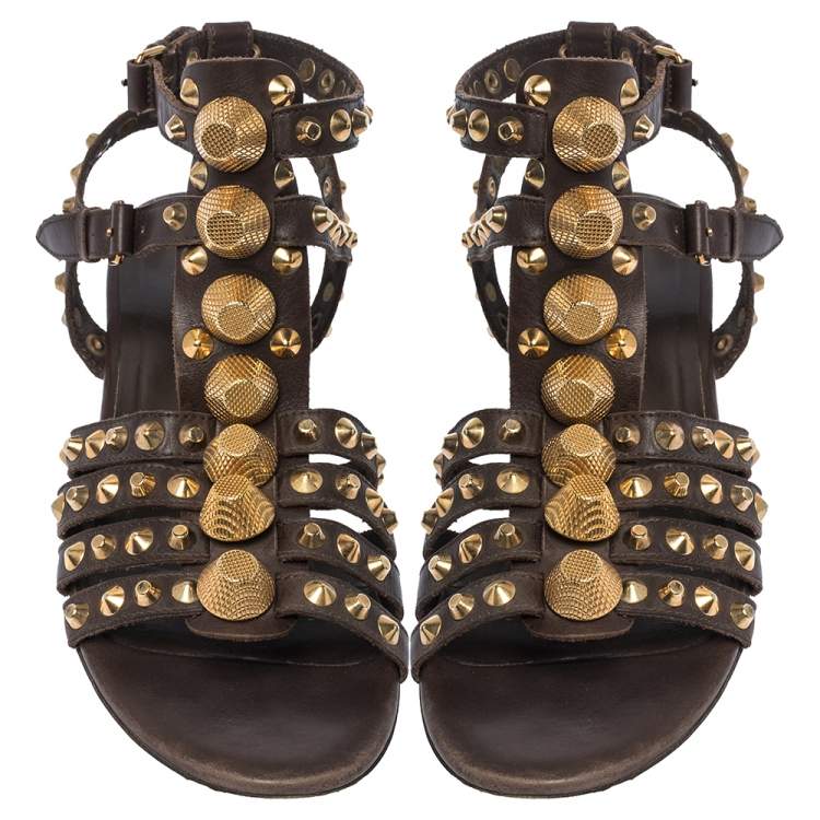 Pre Owned Balenciaga Brown Leather Studded Ankle Strap Flat Sandals Size 39.5