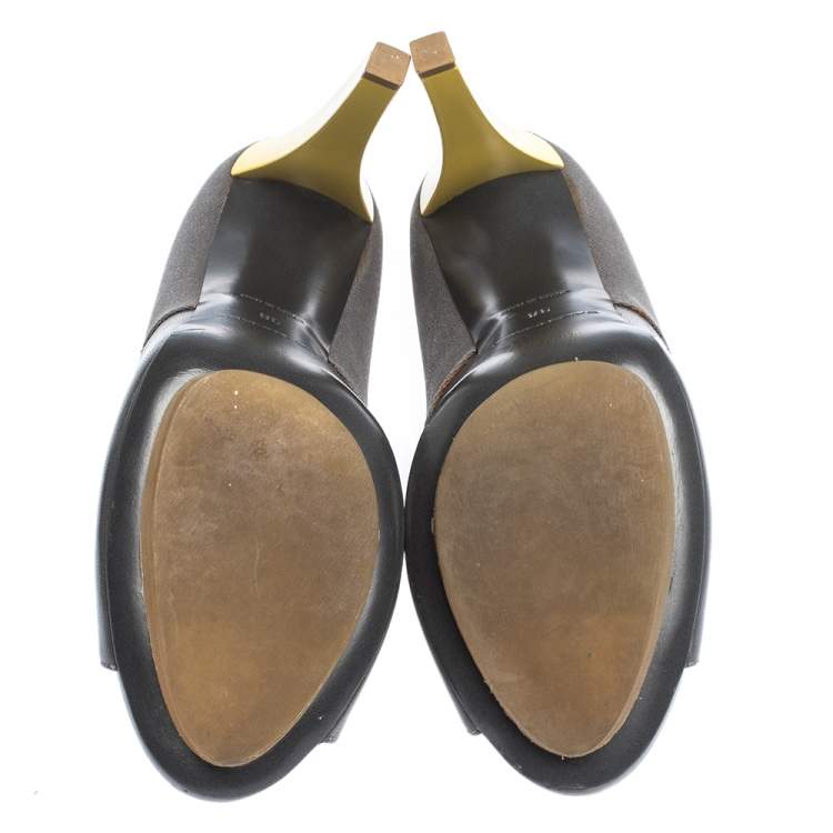 Pre Owned Balenciaga Grey/Yellow Canvas and Leather Peep Toe Pumps Size 38