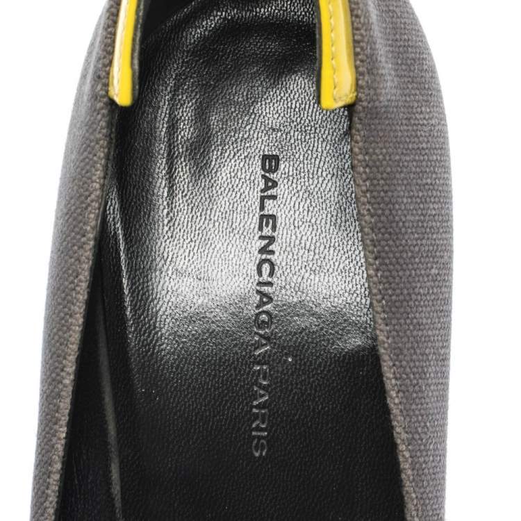 Pre Owned Balenciaga Grey/Yellow Canvas and Leather Peep Toe Pumps Size 38