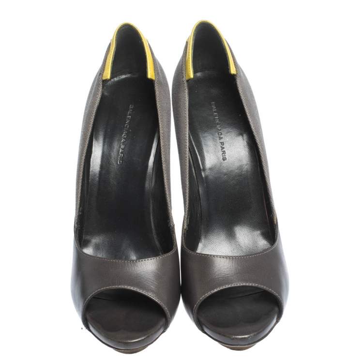 Pre Owned Balenciaga Grey/Yellow Canvas and Leather Peep Toe Pumps Size 38