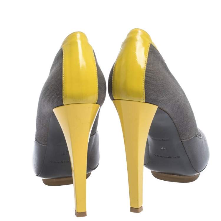 Pre Owned Balenciaga Grey/Yellow Canvas and Leather Peep Toe Pumps Size 38
