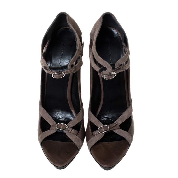 Pre Owned Balenciaga Grey Suede And Leather Double Buckle Strap Platform Sandals Size 40